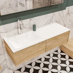 Badkamermeubel BWS Madrid Washed Oak 120x45x30 Cm Mat Witte Solid Surface Wastafel Links (2 Lades, 1 Kraangat) 7 Badkamermeubel BWS Madrid Washed Oak 120x45x30 Cm Mat Witte Solid Surface Wastafel Links (2 Lades, 1 Kraangat) -Baden Luxe Verkoop badmeubel washed oak 120 cm links 2ld 1krg detail1