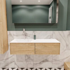 Badkamermeubel BWS Madrid Washed Oak 120x45x30 Cm Mat Witte Solid Surface Wastafel Links (2 Lades, 1 Kraangat)