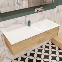 Badkamermeubel BWS Madrid Washed Oak 120x45x30 Cm Mat Witte Solid Surface Wastafel Rechts (2 Lades, 0 Kraangaten) 7 Badkamermeubel BWS Madrid Washed Oak 120x45x30 Cm Mat Witte Solid Surface Wastafel Rechts (2 Lades, 0 Kraangaten) -Baden Luxe Verkoop badmeubel washed oak 120 cm rechts 2ld 0krg detail1