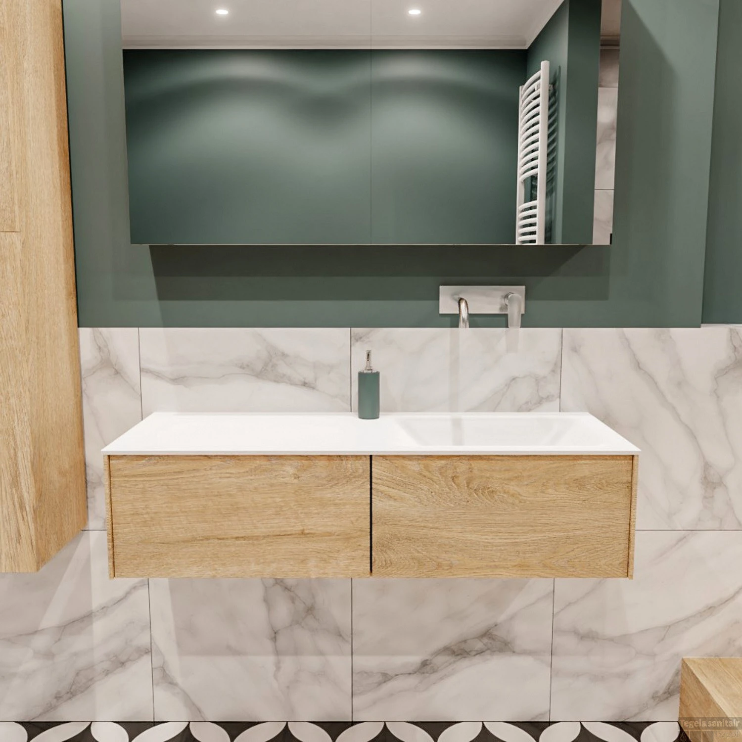 Badkamermeubel BWS Madrid Washed Oak 120x45x30 Cm Mat Witte Solid Surface Wastafel Rechts (2 Lades, 0 Kraangaten) 1 Badkamermeubel BWS Madrid Washed Oak 120x45x30 Cm Mat Witte Solid Surface Wastafel Rechts (2 Lades, 0 Kraangaten)