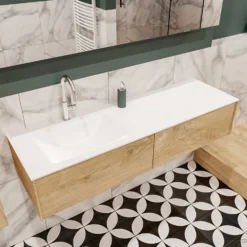 Badkamermeubel BWS Madrid Washed Oak 150x45x30 Cm Mat Witte Solid Surface Wastafel Links (2 Lades, 1 Kraangat) 7 Badkamermeubel BWS Madrid Washed Oak 150x45x30 Cm Mat Witte Solid Surface Wastafel Links (2 Lades, 1 Kraangat) -Baden Luxe Verkoop badmeubel washed oak 150 cm links 2ld 1krg detail1