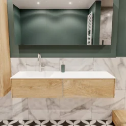 Badkamermeubel BWS Madrid Washed Oak 150x45x30 Cm Mat Witte Solid Surface Wastafel Links (2 Lades, 1 Kraangat)