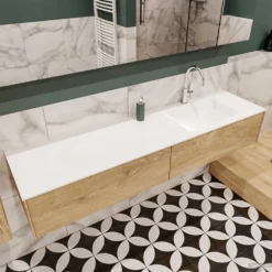 Badkamermeubel BWS Madrid Washed Oak 180x45x30 Cm Mat Witte Solid Surface Wastafel Rechts (2 Lades, 1 Kraangat) -Baden Luxe Verkoop badmeubel washed oak 180 cm rechts 2ld 1krg detail1