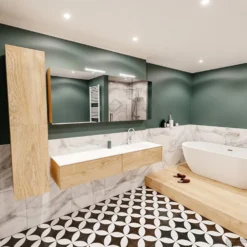 Badkamermeubel BWS Madrid Washed Oak 180x45x30 Cm Mat Witte Solid Surface Wastafel Rechts (2 Lades, 1 Kraangat) -Baden Luxe Verkoop badmeubel washed oak 180 cm rechts 2ld 1krg detail2