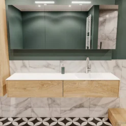 Badkamermeubel BWS Madrid Washed Oak 180x45x30 Cm Mat Witte Solid Surface Wastafel Rechts (2 Lades, 1 Kraangat)