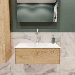 Badkamermeubel BWS Madrid Washed Oak 80x45x30 Cm Mat Witte Solid Surface Wastafel (1 Kraangat)