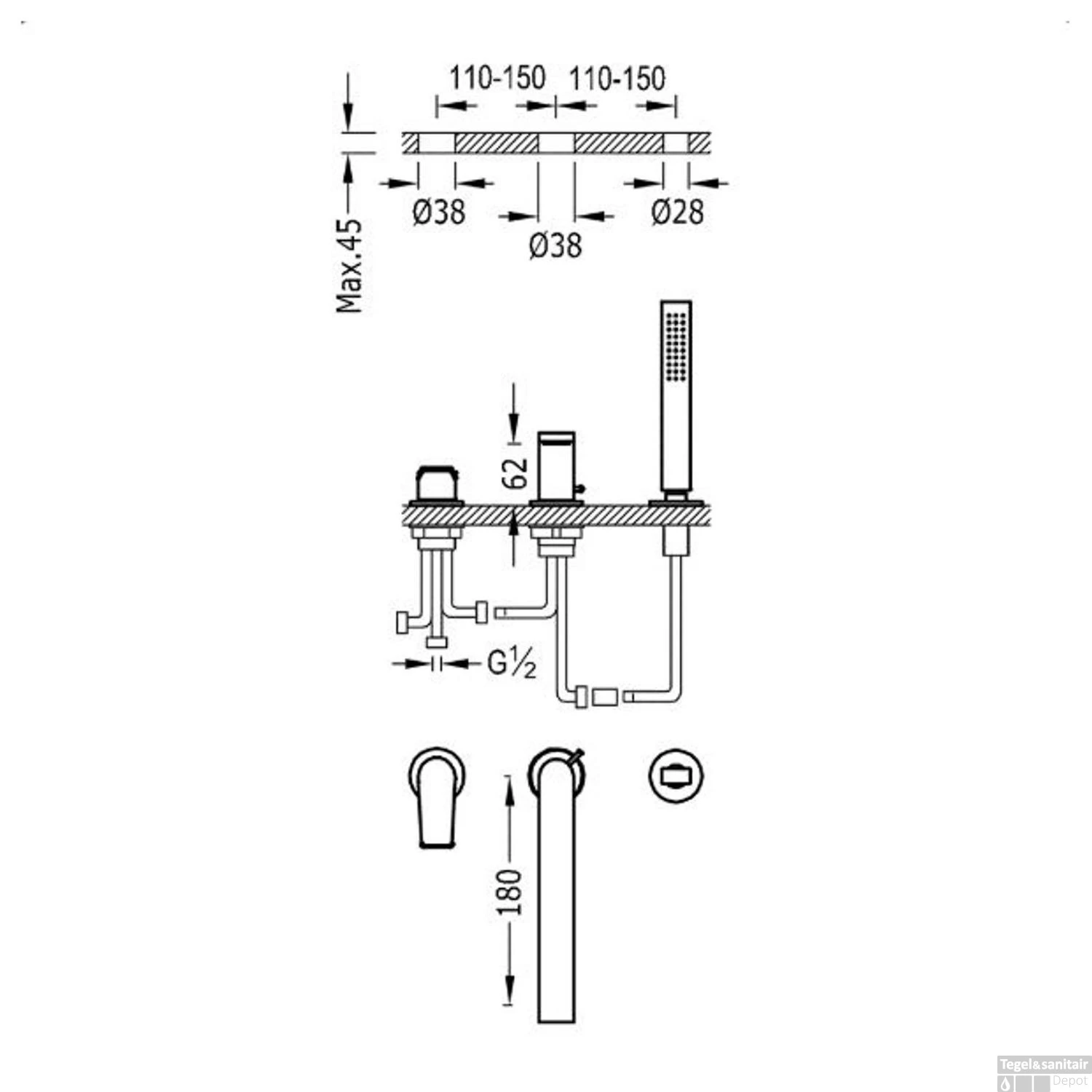 Badrandkraan Tres Project 1-Hendel Rechte Uitloop 18 Cm Met Omstel En Handdouche Mat Zwart - Afbeelding 3