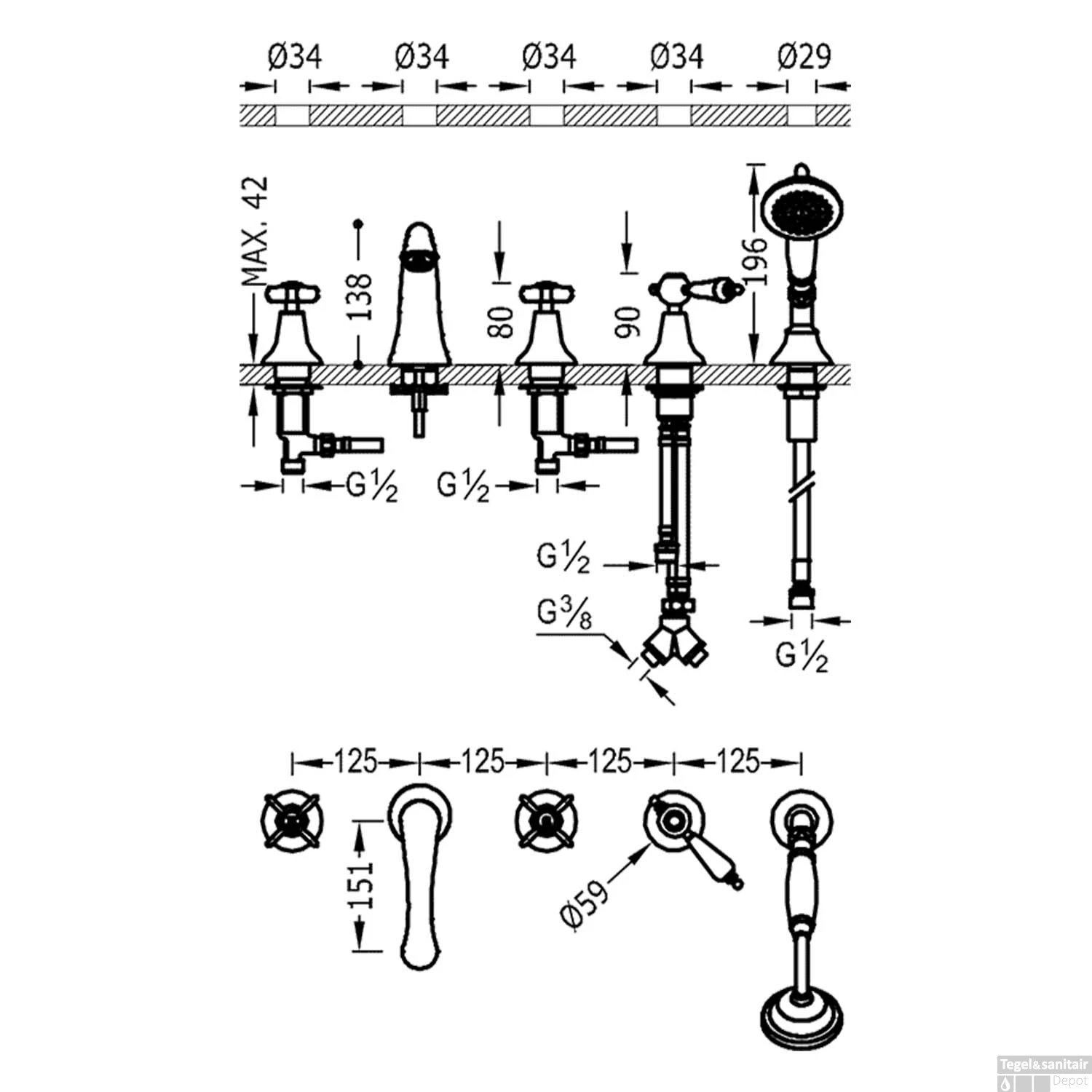 Badrandkraan Tres Clasic Mengkraan Gebogen Incl. Omstelknop En Handdouche RVS - Afbeelding 2