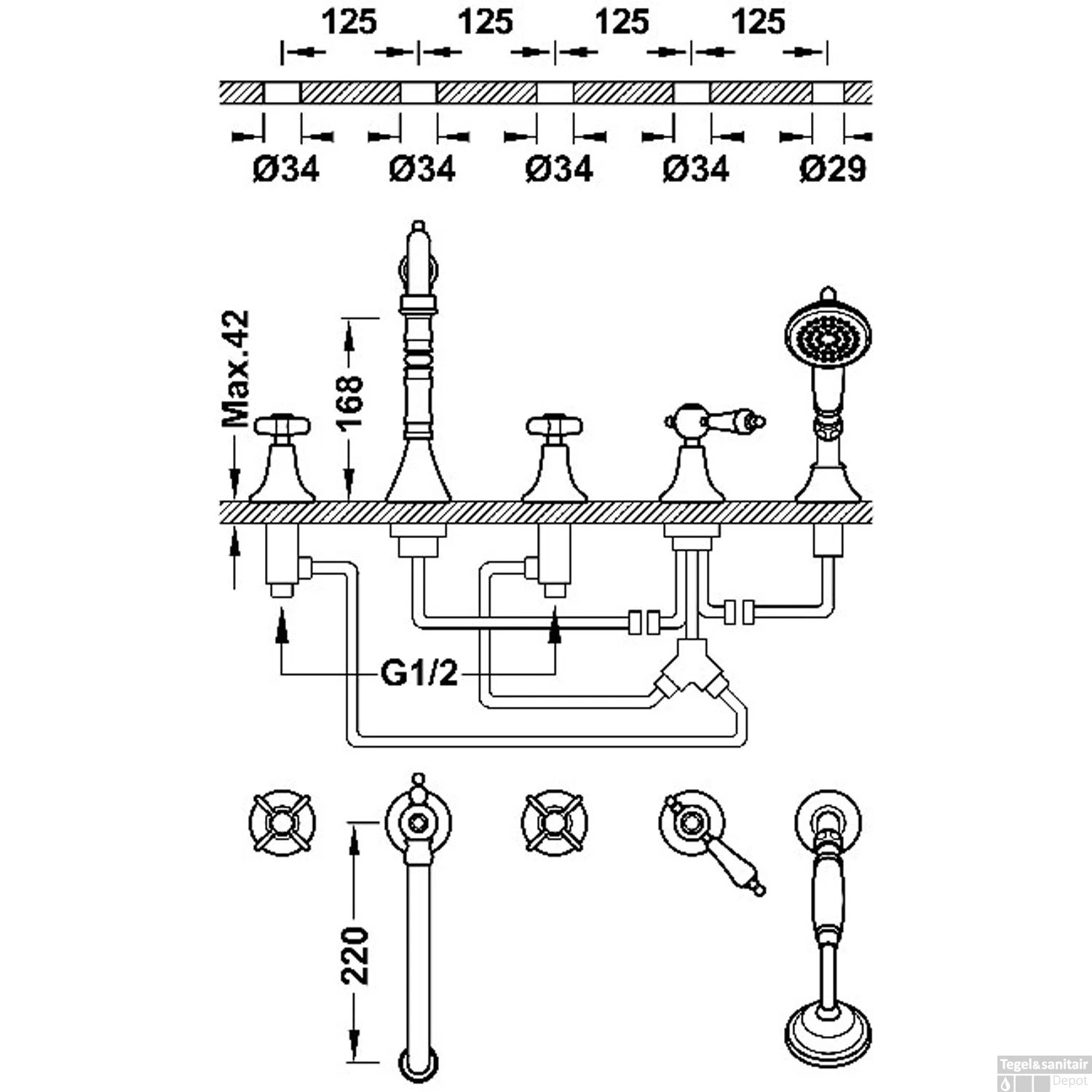 Badrandkraan Tres Clasic Mengkraan Incl. Omstelknop En Handdouche Verouderd Messing 2 Badrandkraan Tres Clasic Mengkraan Incl. Omstelknop En Handdouche Verouderd Messing - Afbeelding 2