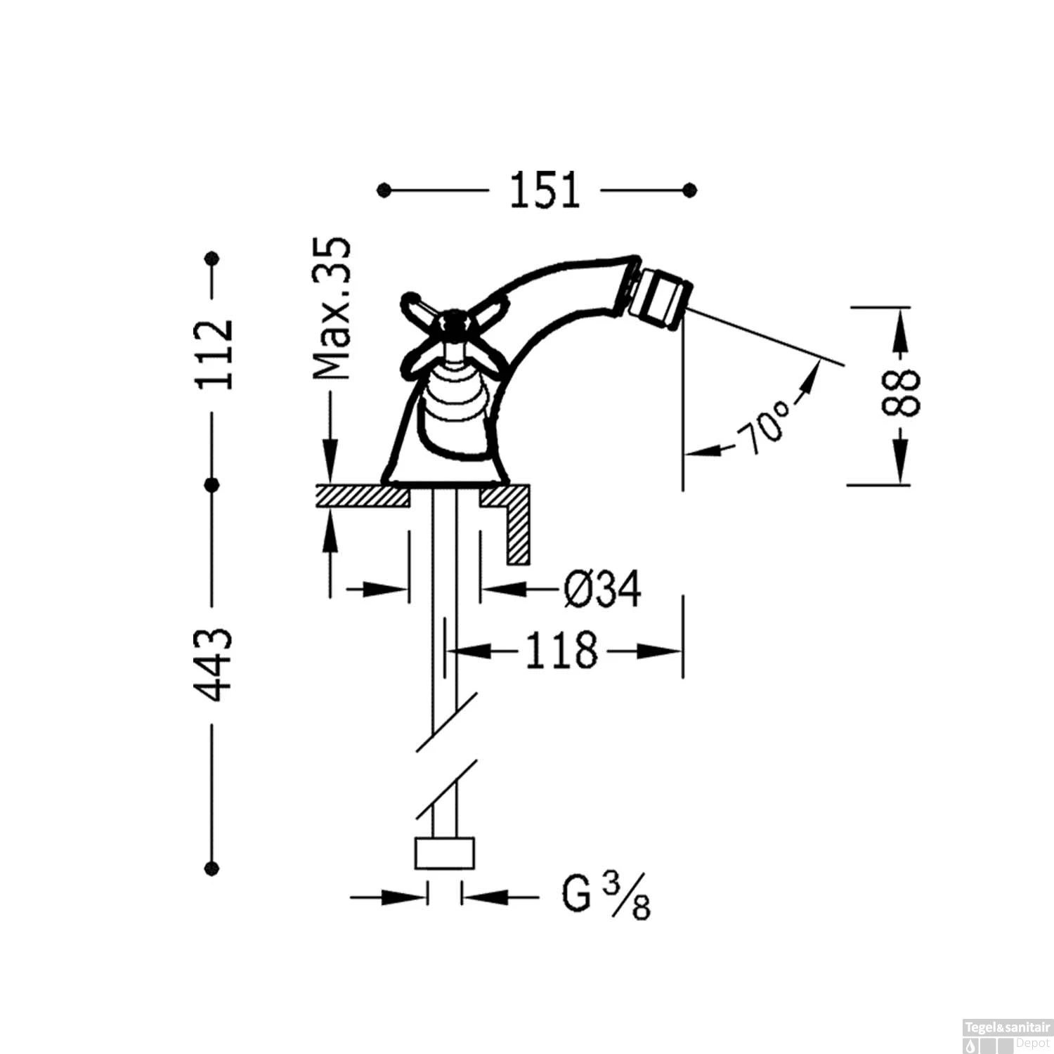 Bidetmengkraan Tres Clasic 2 Greep RVS 2 Bidetmengkraan Tres Clasic 2 Greep RVS - Afbeelding 2