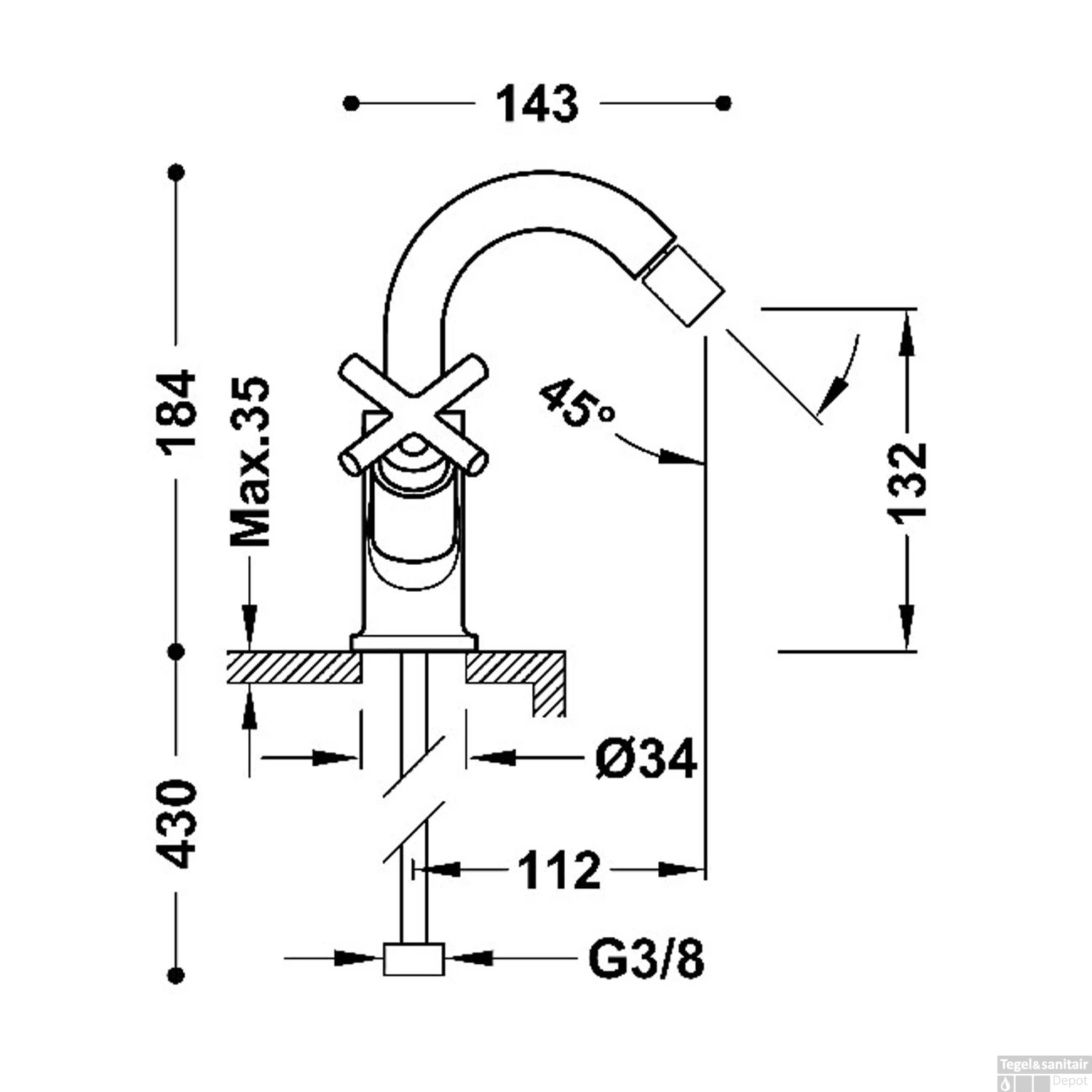 Bidetmengkraan Tres Mont Blanc 2-Kruisgreep RVS Look 2 Bidetmengkraan Tres Mont Blanc 2-Kruisgreep RVS Look - Afbeelding 2