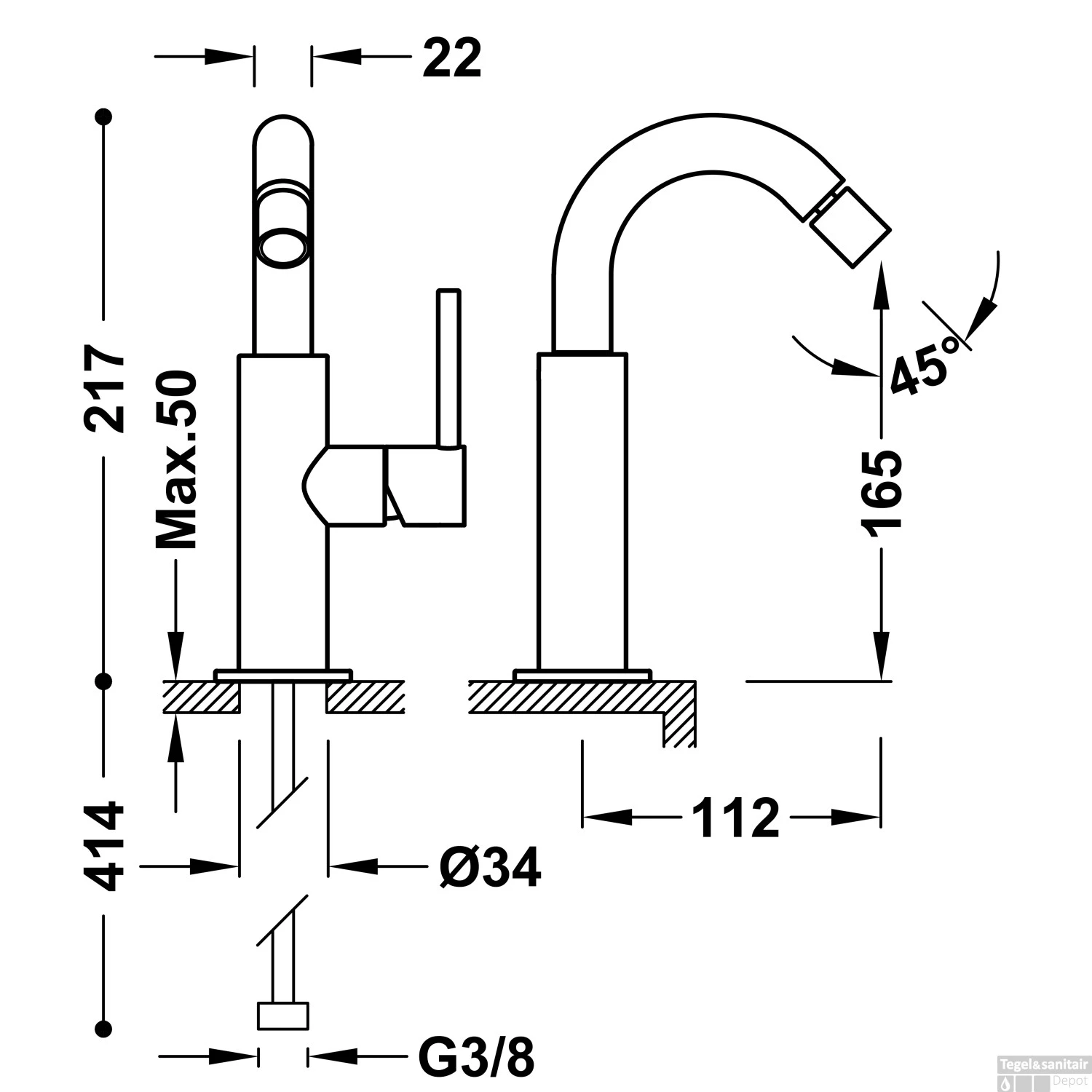 Bidetmengkraan Tres Study Exclusive Hendel Uitloop Gebogen 16,5 Cm Rond Rosé Goud - Afbeelding 2