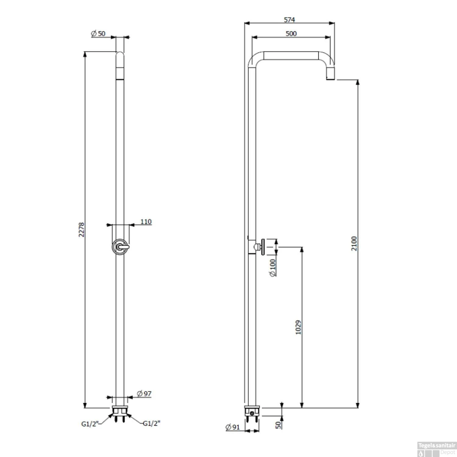 Buitendouche Plieger Napoli Met Mengkraan 210cm RVS 2 Buitendouche Plieger Napoli Met Mengkraan 210cm RVS - Afbeelding 2