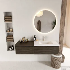 MONDIAZ BUKLA 140cm Badmeubel Met Module 60 Kleur Dark Brown Met 2 Lades. Wastafel CLOUD Rechts 1 Kraangat Kleur Talc.