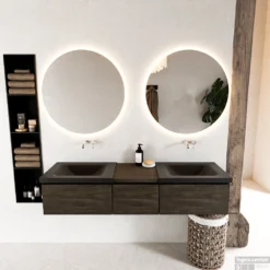 MONDIAZ BUKLA 160cm Badmeubel Met Module 40 Kleur Dark Brown Met 3 Lades. Wastafel CLOUD Dubbel 0 Kraangaten Kleur Urban.