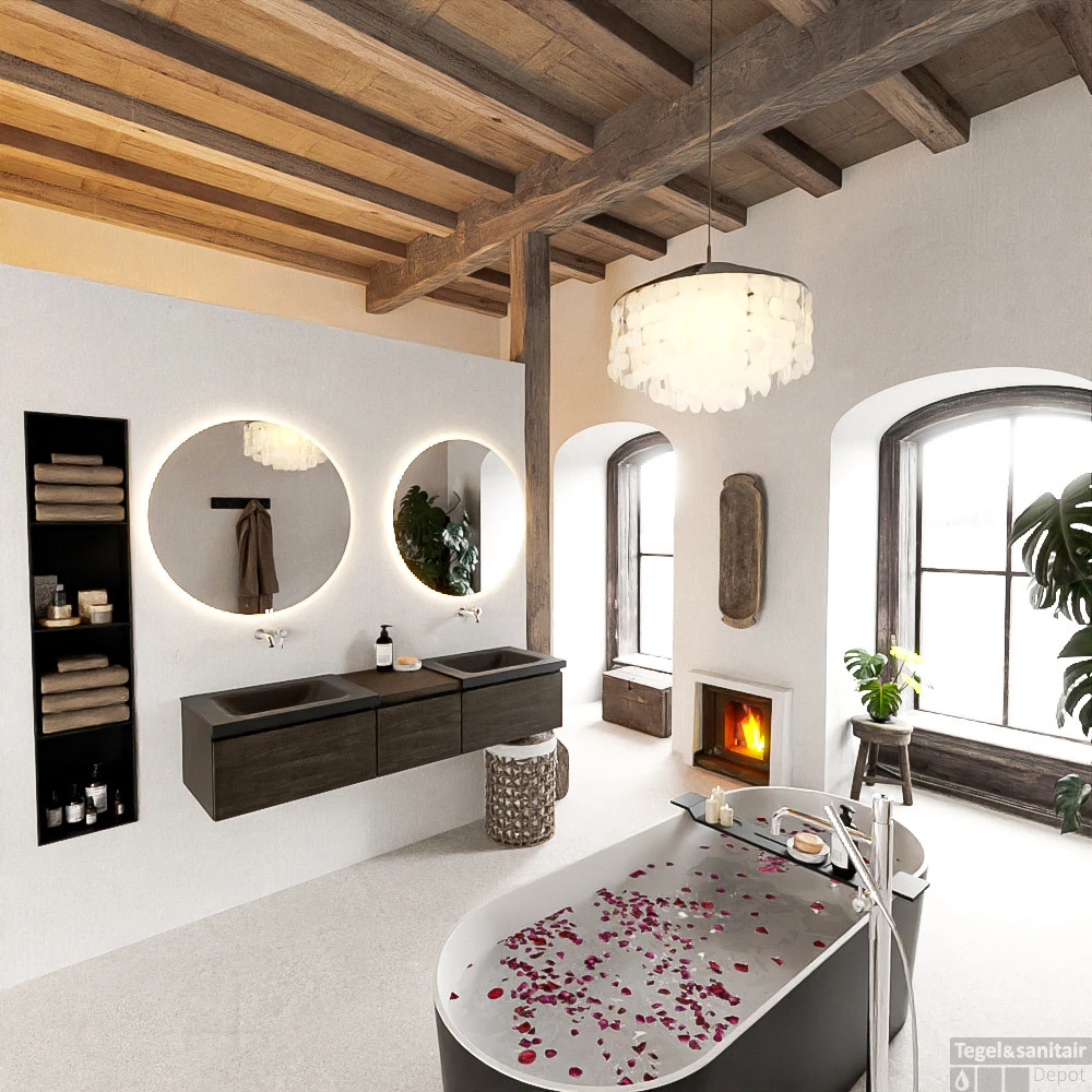 MONDIAZ BUKLA 160cm Badmeubel Met Module 40 Kleur Dark Brown Met 3 Lades. Wastafel CLOUD Dubbel 0 Kraangaten Kleur Urban. 2 MONDIAZ BUKLA 160cm Badmeubel Met Module 40 Kleur Dark Brown Met 3 Lades. Wastafel CLOUD Dubbel 0 Kraangaten Kleur Urban. - Afbeelding 2