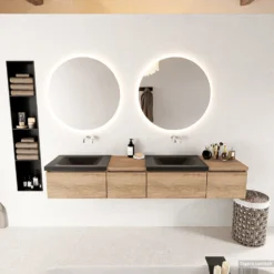 MONDIAZ BUKLA 200cm Badmeubel Met Module 40 Links Kleur Washed Oak Met 4 Lades. Wastafel CLOUD Dubbel 0 Kraangaten Kleur Urban.