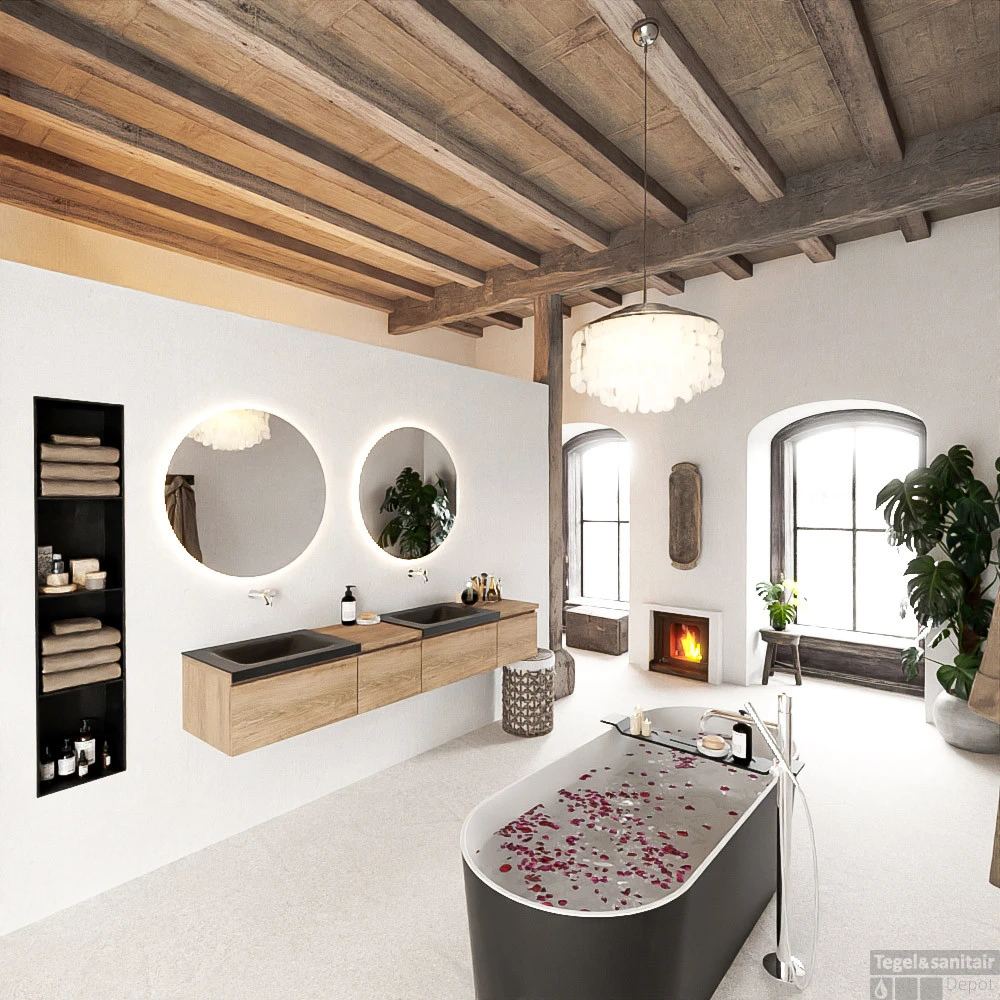 MONDIAZ BUKLA 200cm Badmeubel Met Module 40 Links Kleur Washed Oak Met 4 Lades. Wastafel CLOUD Dubbel 0 Kraangaten Kleur Urban. 2 MONDIAZ BUKLA 200cm Badmeubel Met Module 40 Links Kleur Washed Oak Met 4 Lades. Wastafel CLOUD Dubbel 0 Kraangaten Kleur Urban. - Afbeelding 2