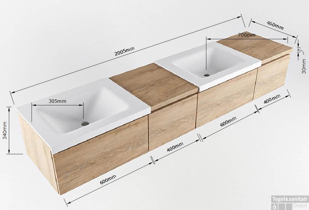 MONDIAZ BUKLA 200cm Badmeubel Met Module 40 Links Kleur Washed Oak Met 4 Lades. Wastafel CLOUD Dubbel 0 Kraangaten Kleur Urban. 6 MONDIAZ BUKLA 200cm Badmeubel Met Module 40 Links Kleur Washed Oak Met 4 Lades. Wastafel CLOUD Dubbel 0 Kraangaten Kleur Urban. - Afbeelding 6