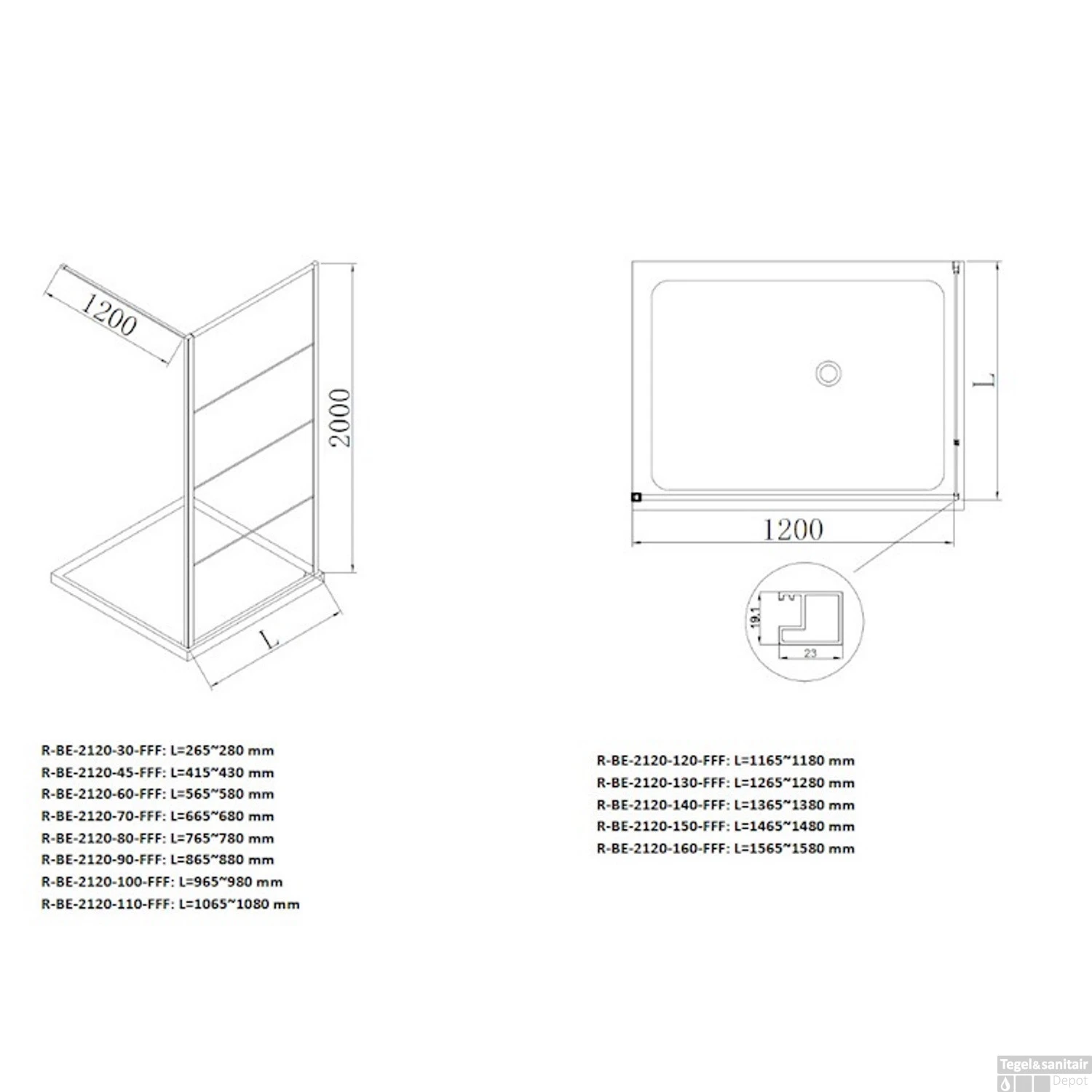 BWS Douchecabine Frame 110x60 Cm 8 Mm NANO Glas Mat Zwart Raster - Afbeelding 5