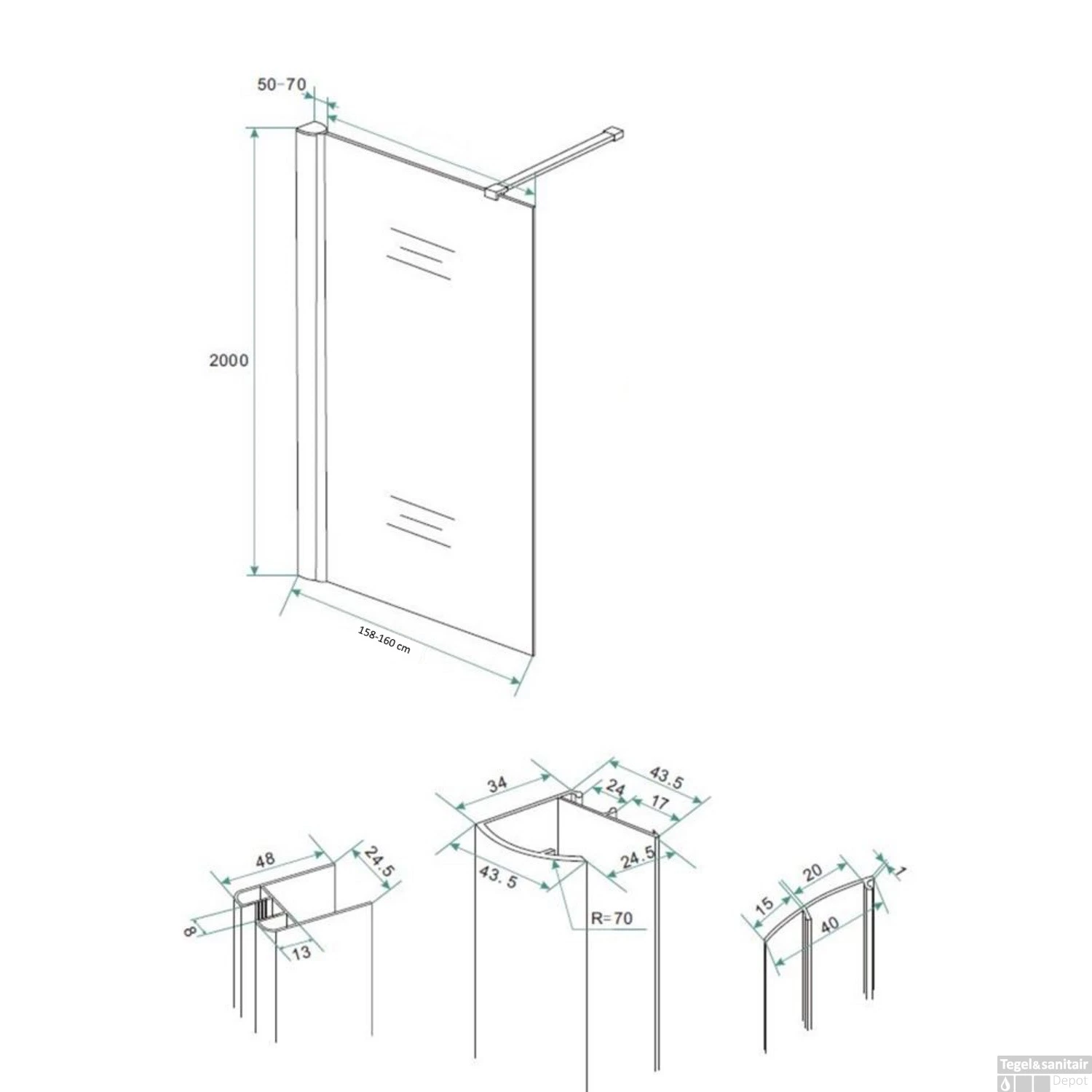 BWS Douchewand Reno Met Middenband 160x200 Cm 8 Mm NANO Coating 3 BWS Douchewand Reno Met Middenband 160x200 Cm 8 Mm NANO Coating - Afbeelding 3