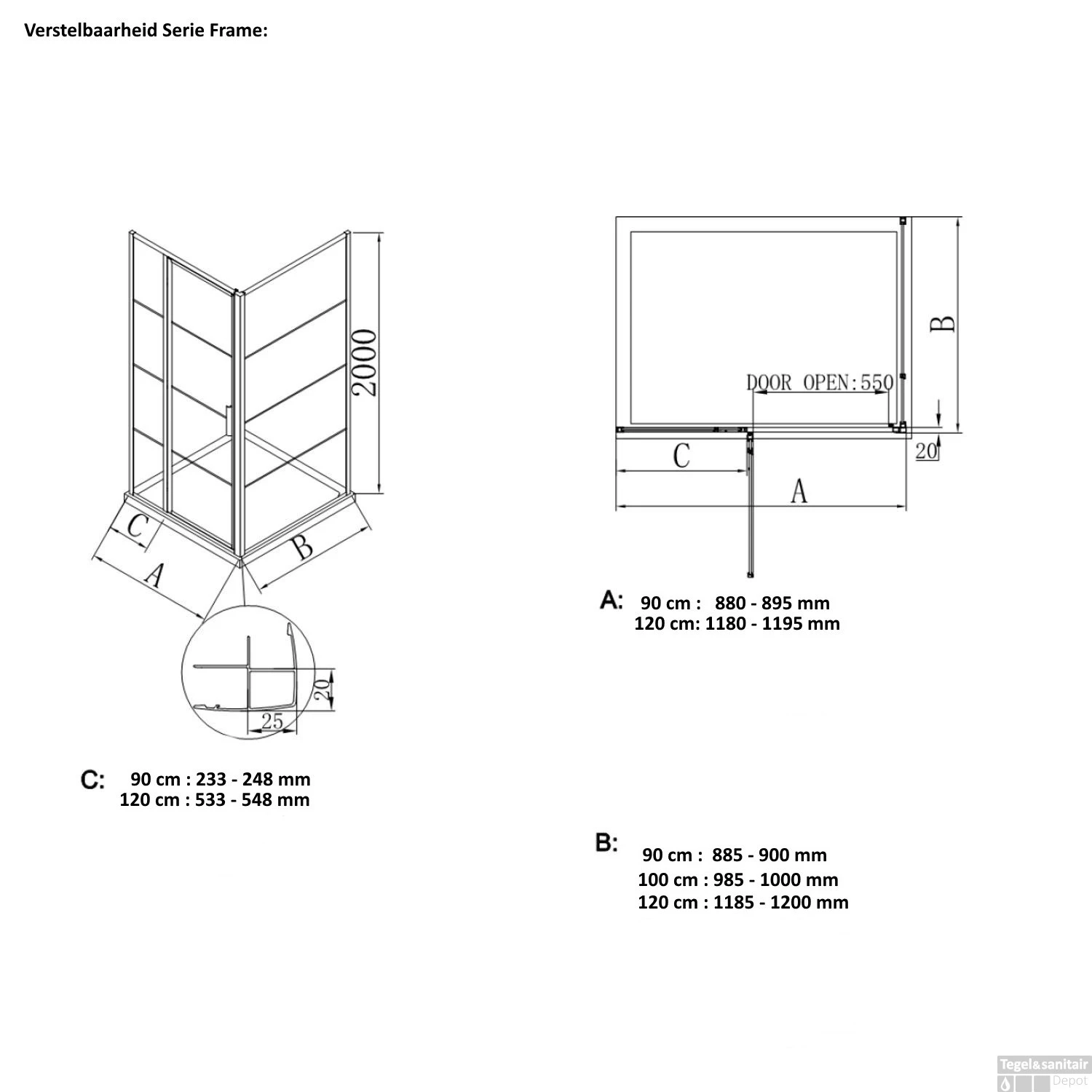 BWS Inloopdouche Frame 120x200 Cm 8mm NANO Glas Geborsteld Messing Goud 2 BWS Inloopdouche Frame 120x200 Cm 8mm NANO Glas Geborsteld Messing Goud - Afbeelding 2