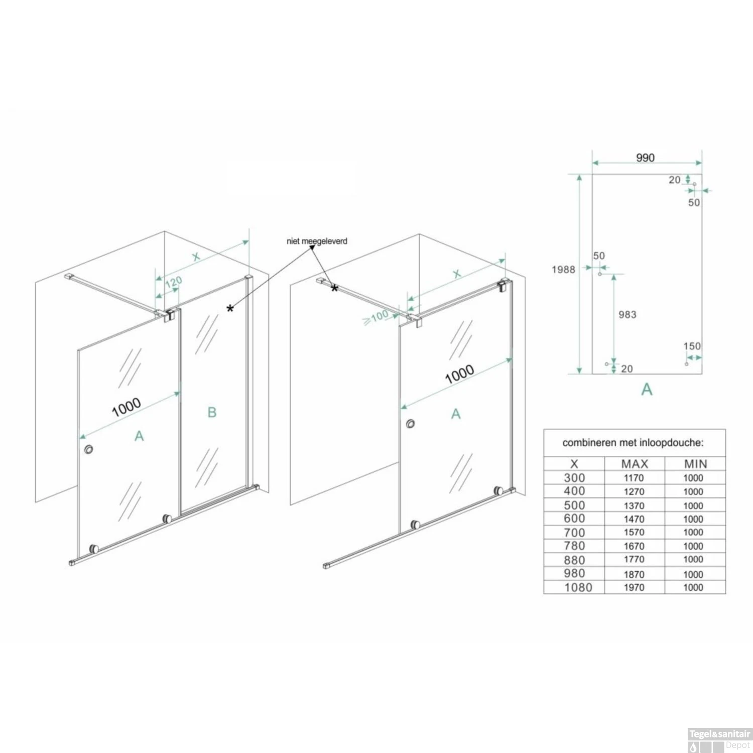 BWS Verlengstuk Inloopdouche Op Rail Zeta 100x200 Cm 10 Mm NANO Coating 2 BWS Verlengstuk Inloopdouche Op Rail Zeta 100x200 Cm 10 Mm NANO Coating - Afbeelding 2