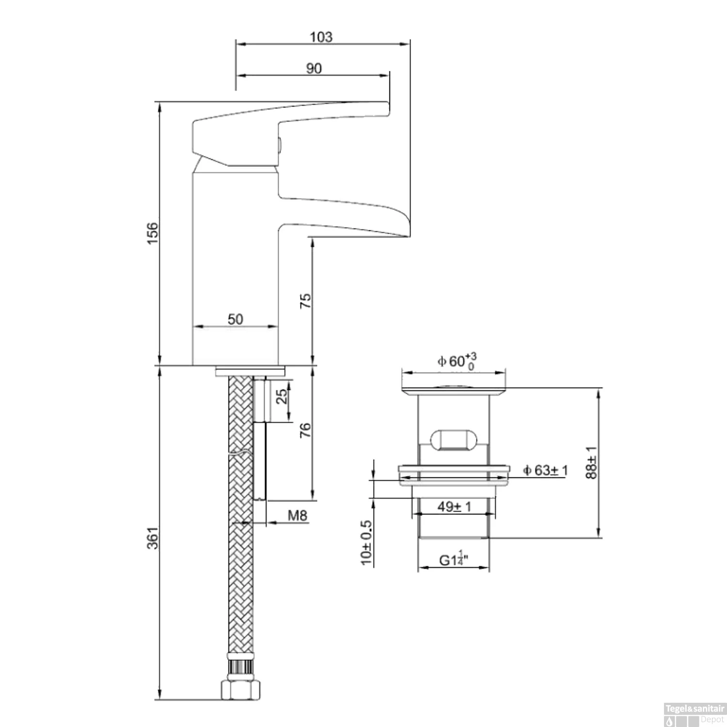 BWS Wastafelkraan Square Met Waterval En Clickwaste Chroom 2 BWS Wastafelkraan Square Met Waterval En Clickwaste Chroom - Afbeelding 2