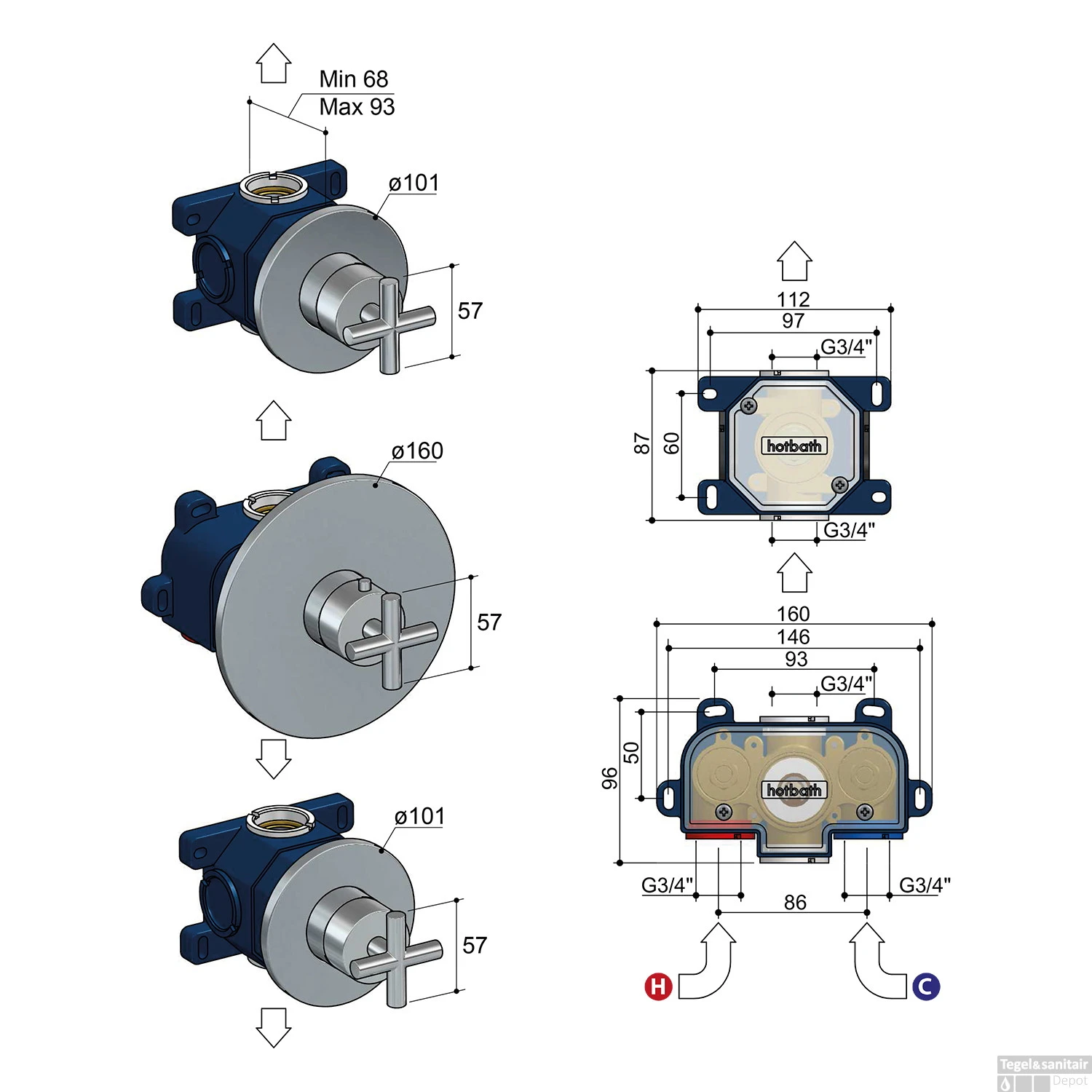 Douchethermostaat Hotbath Chap Inbouw 2 Stopkranen Kruisgreep Geborsteld Nikkel (excl. Inbouwdeel) 3 Douchethermostaat Hotbath Chap Inbouw 2 Stopkranen Kruisgreep Geborsteld Nikkel (excl. Inbouwdeel) - Afbeelding 3
