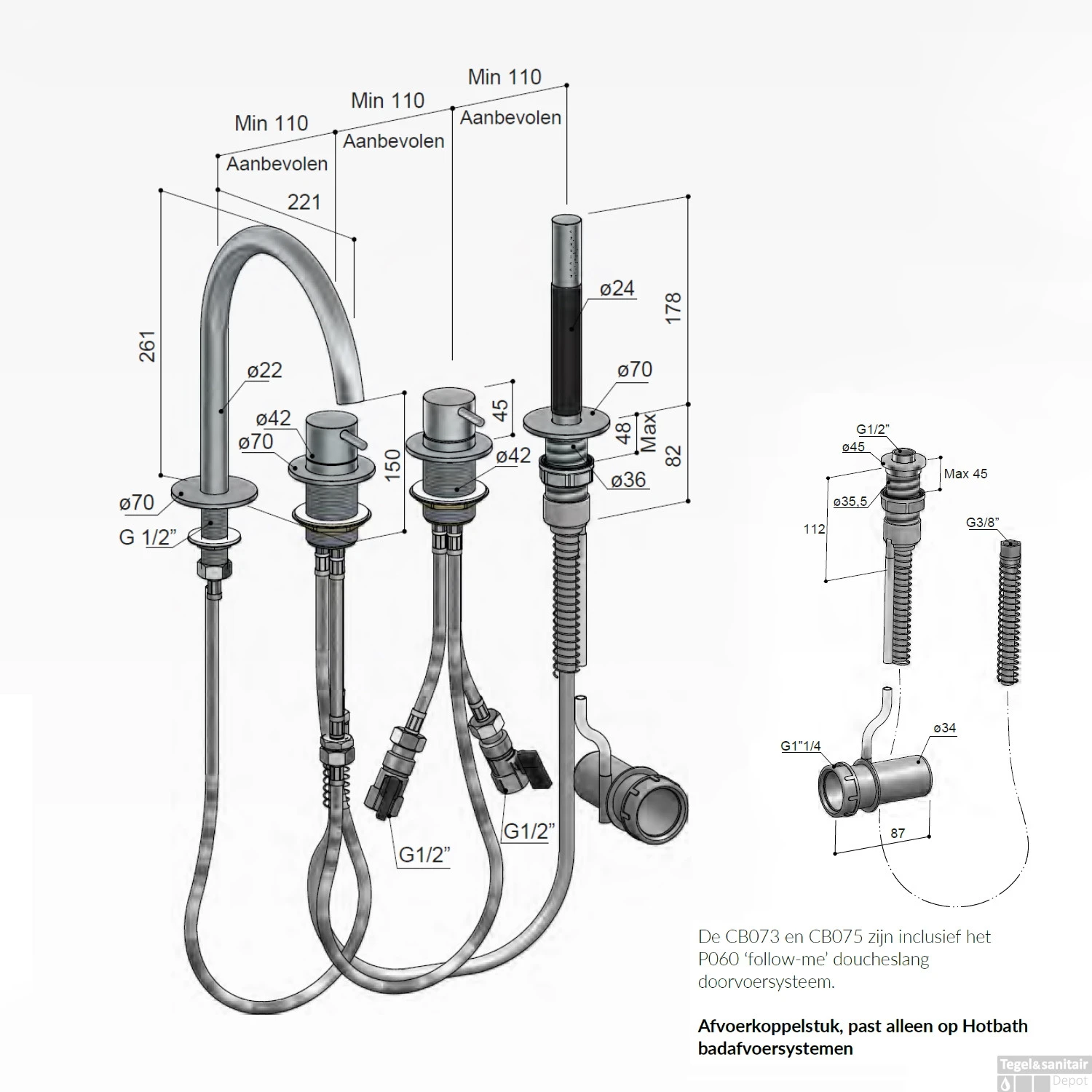Inbouw Badrandcombinatie Hotbath Cobber Met Uitloop En 2-weg Omstel Geborsteld Nikkel (incl. Handdouche) - Afbeelding 3