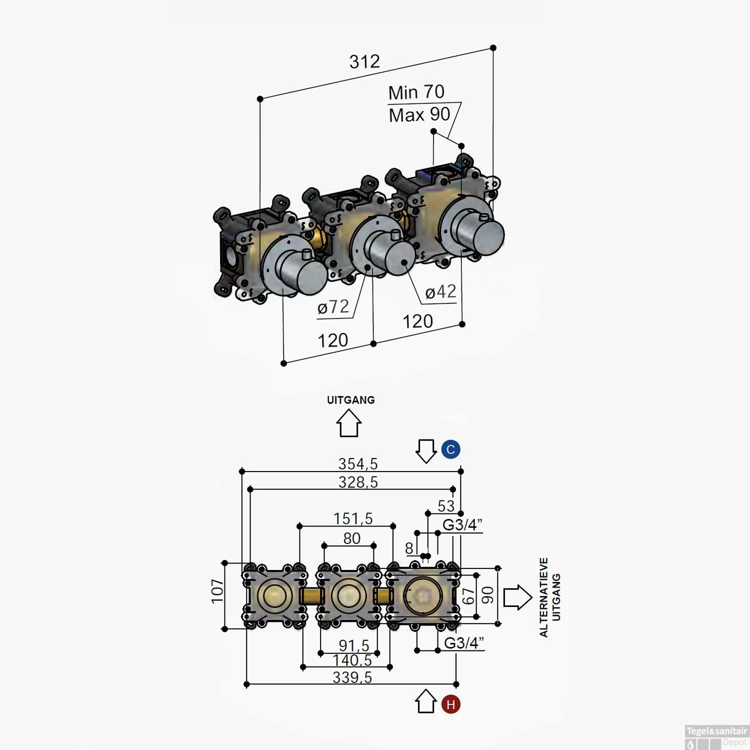 Douchethermostaat Hotbath Cobber Inbouw Met 2 Stopkranen Chroom (excl. Inbouwdeel) OUTLET - Afbeelding 3