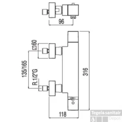 Cuadro-Tres Thermostaatkraan Met Watervaluitloop 107174 -Baden Luxe Verkoop cuadro tres thermostaatkraan met watervaluitloop 107174 lijntekening