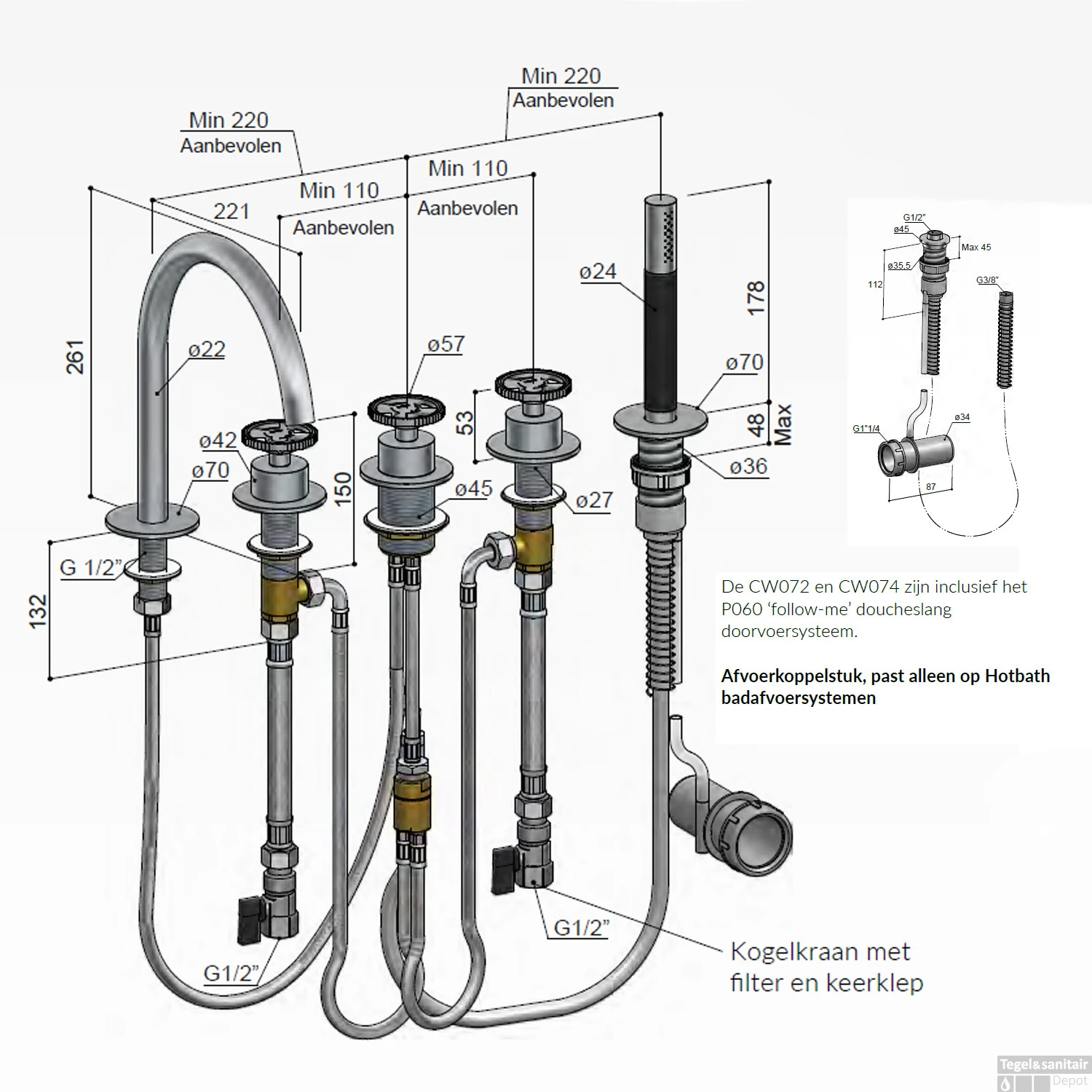 Badrandcombinatie Hotbath Cobber @Work Inbouw 5 Gats Met 2 Stopkranen En Handdouche Met Uitloop Geborsteld Messing PVD - Afbeelding 4