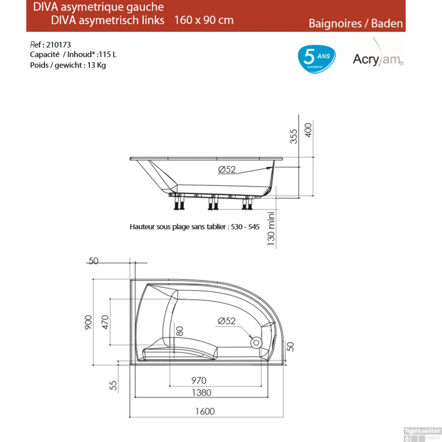 Hoekbad Allibert Diva 160x90 Cm Asymmetrisch Links 3 Hoekbad Allibert Diva 160x90 Cm Asymmetrisch Links - Afbeelding 3