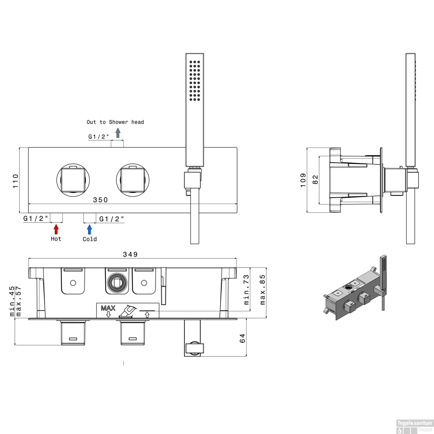 Inbouw Thermostatische Douchekraan Sapho Dimy 2-Weg Mat Zwart (incl. Handdouche) - Afbeelding 6