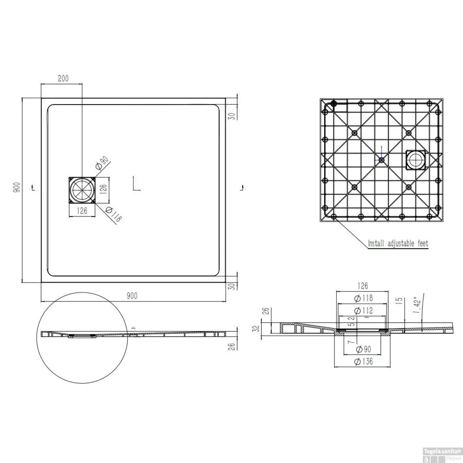 Douchebak Boss & Wessing Naxos SMC 90x90 Cm Stone-look Mat Wit - Afbeelding 3
