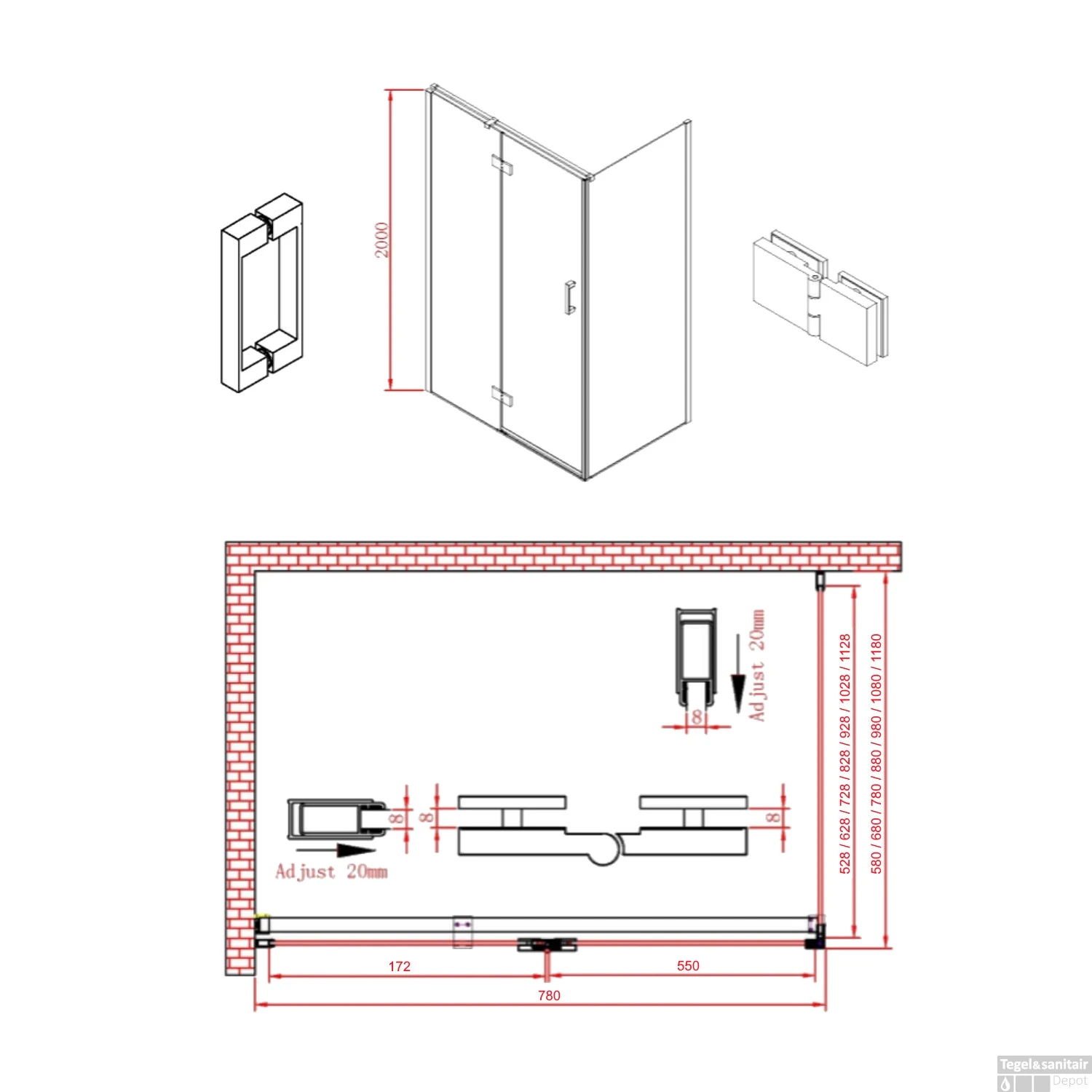 Douchecabine Boss & Wessing P&C Design 80x...cm 8mm Veiligheidsglas NANO Coating - Afbeelding 2