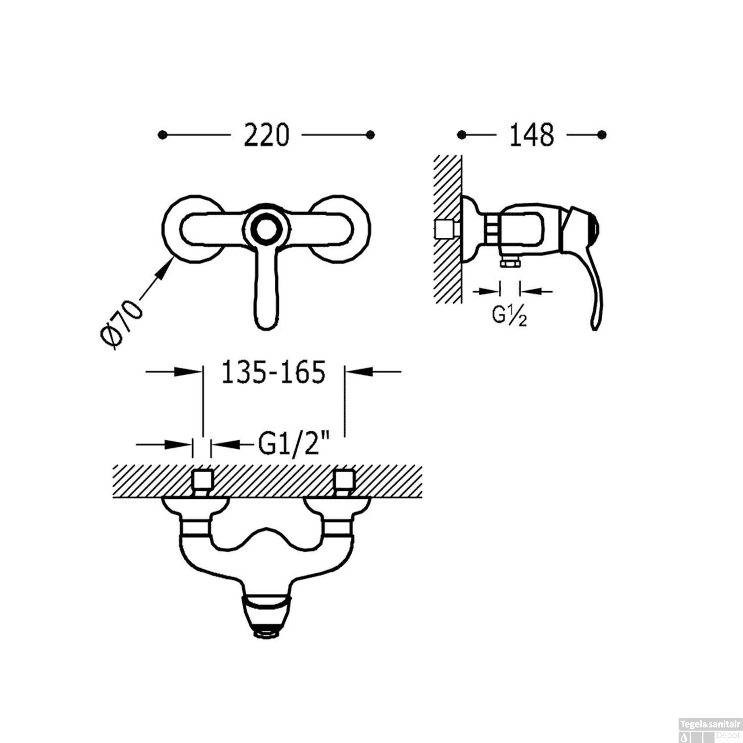 Douchemengkraan Tres Clasic 1 Hendel Incl Handdouche En Doucheslang RVS - Afbeelding 2
