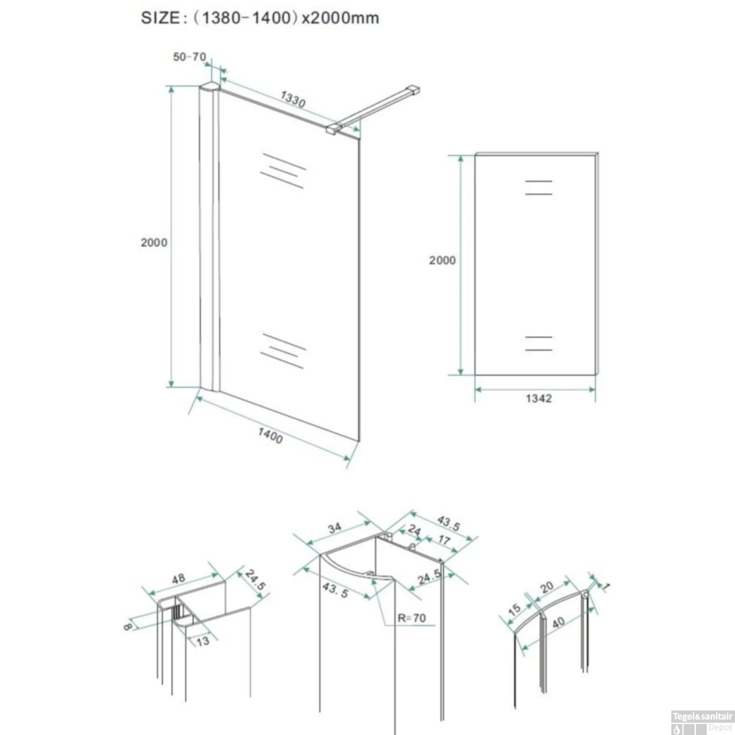 Douchewand Wiesbaden 140x200cm 8mm Met Middenband NANO Glas 4 Douchewand Wiesbaden 140x200cm 8mm Met Middenband NANO Glas - Afbeelding 4