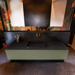 Badkamermeubelset Mondiaz Erin 150 Cm Met 1 Lade Met RIDGE Wastafel Midden Urban Zonder Kraangaten Greeploos Mat Army