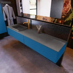 Badkamermeubelset Mondiaz Erin 200 Cm Met 2 Lades Met RIDGE Wastafel Links Dark Grey Met 1 Kraangat Greeploos Mat Jeans -Baden Luxe Verkoop erin jeans ridge dark grey top 0031