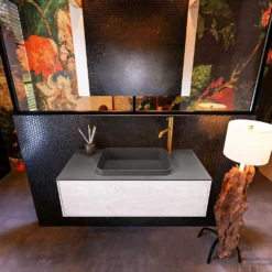 Badkamermeubelset Mondiaz Erin 100 Cm Met 1 Lade Met RIDGE Wastafel Midden Dark Grey Met 1 Kraangat Greeploos Mat Underlayment