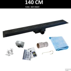 Mat Zwarte RVS Douchegoot Flens Met Uitneembaar Sifon 140x7cm 6,7cm Diep MAT ZWART ROOSTER