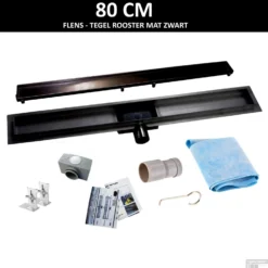 RVS Douchegoot Flens Met Uitneembaar Sifon 80x7cm 6,7cm Diep TEGELROOSTER MAT ZWART