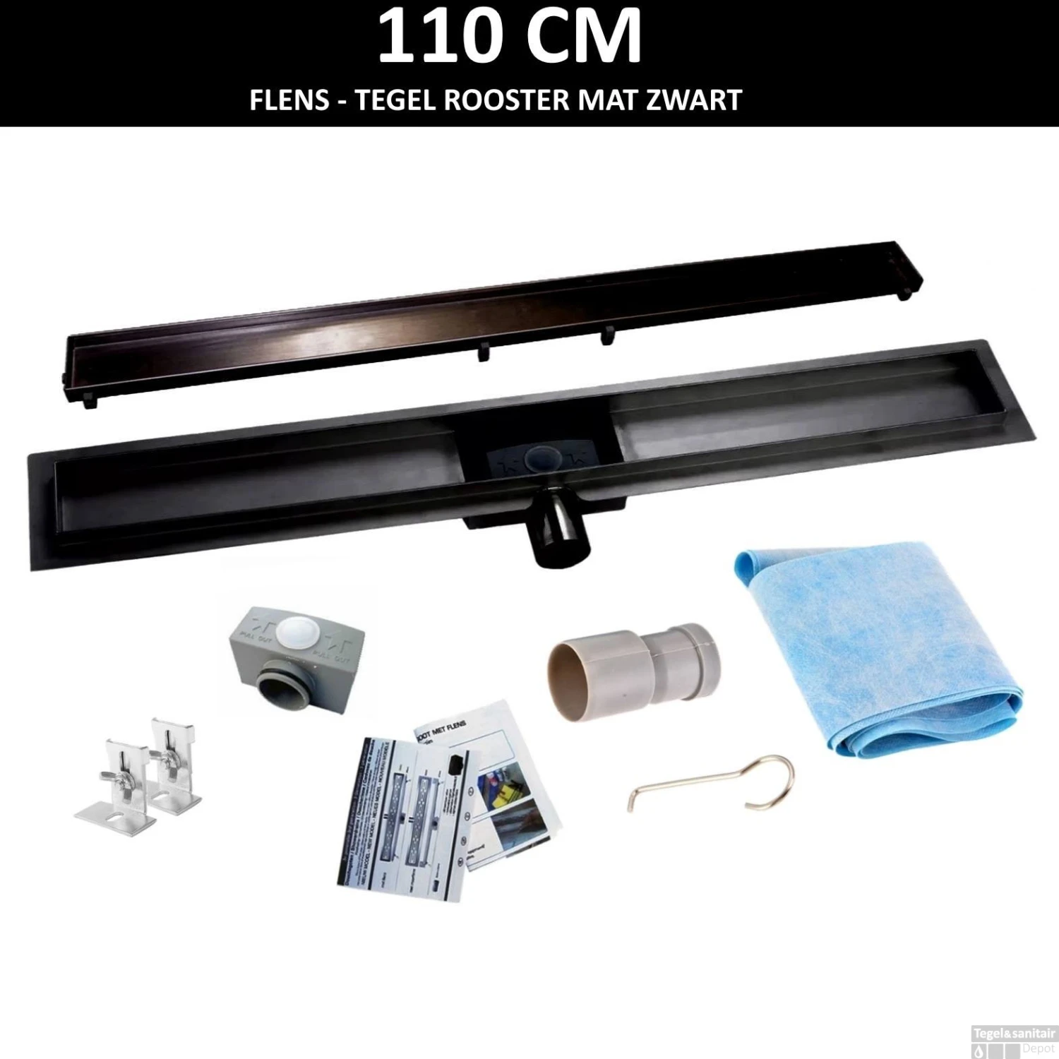 RVS Douchegoot Flens Met Uitneembaar Sifon 110x7cm 6,7cm Diep TEGELROOSTER MAT ZWART 1 RVS Douchegoot Flens Met Uitneembaar Sifon 110x7cm 6,7cm Diep TEGELROOSTER MAT ZWART