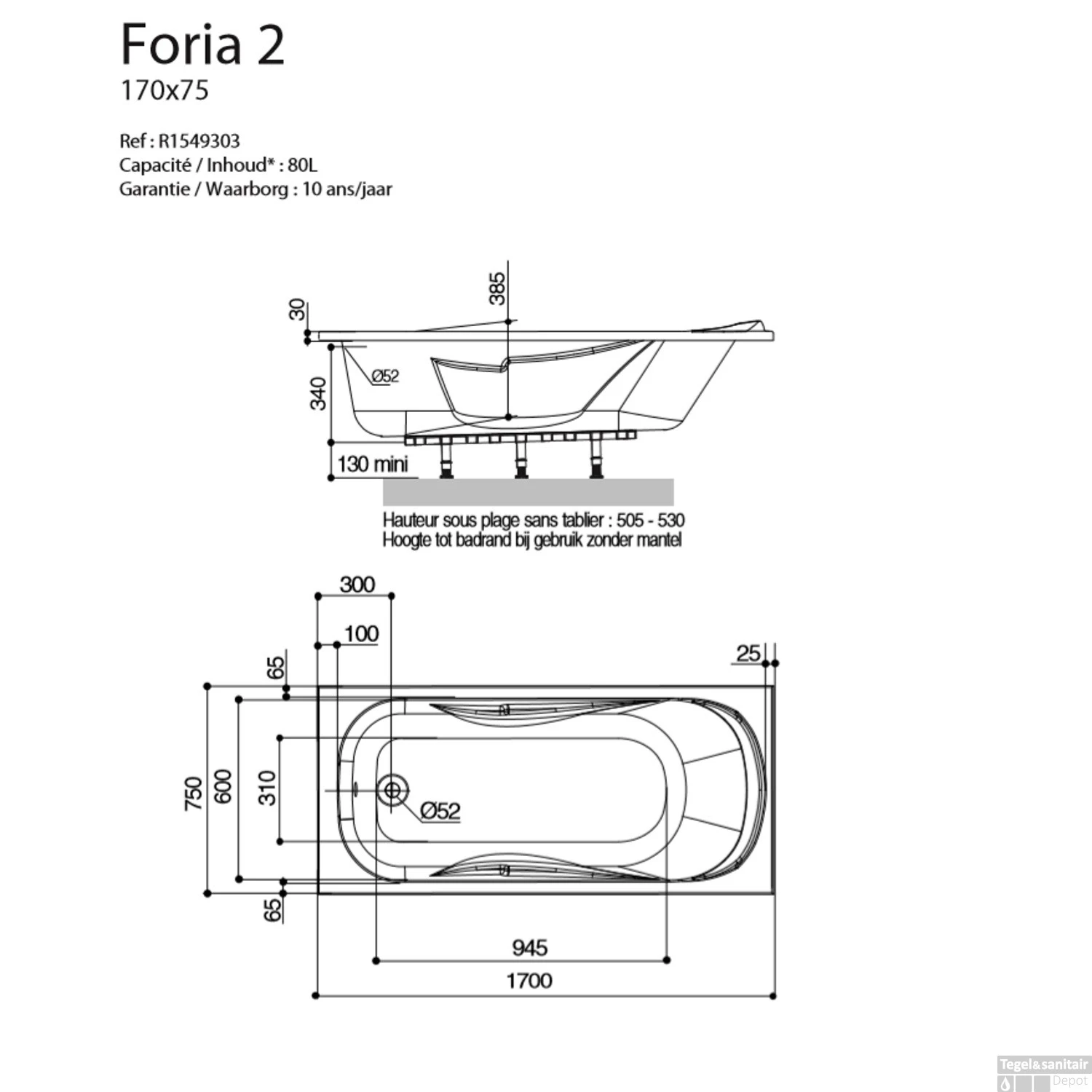 Ligbad Allibert Foria 170x75x51-52 Cm 2 Ligbad Allibert Foria 170x75x51-52 Cm - Afbeelding 2