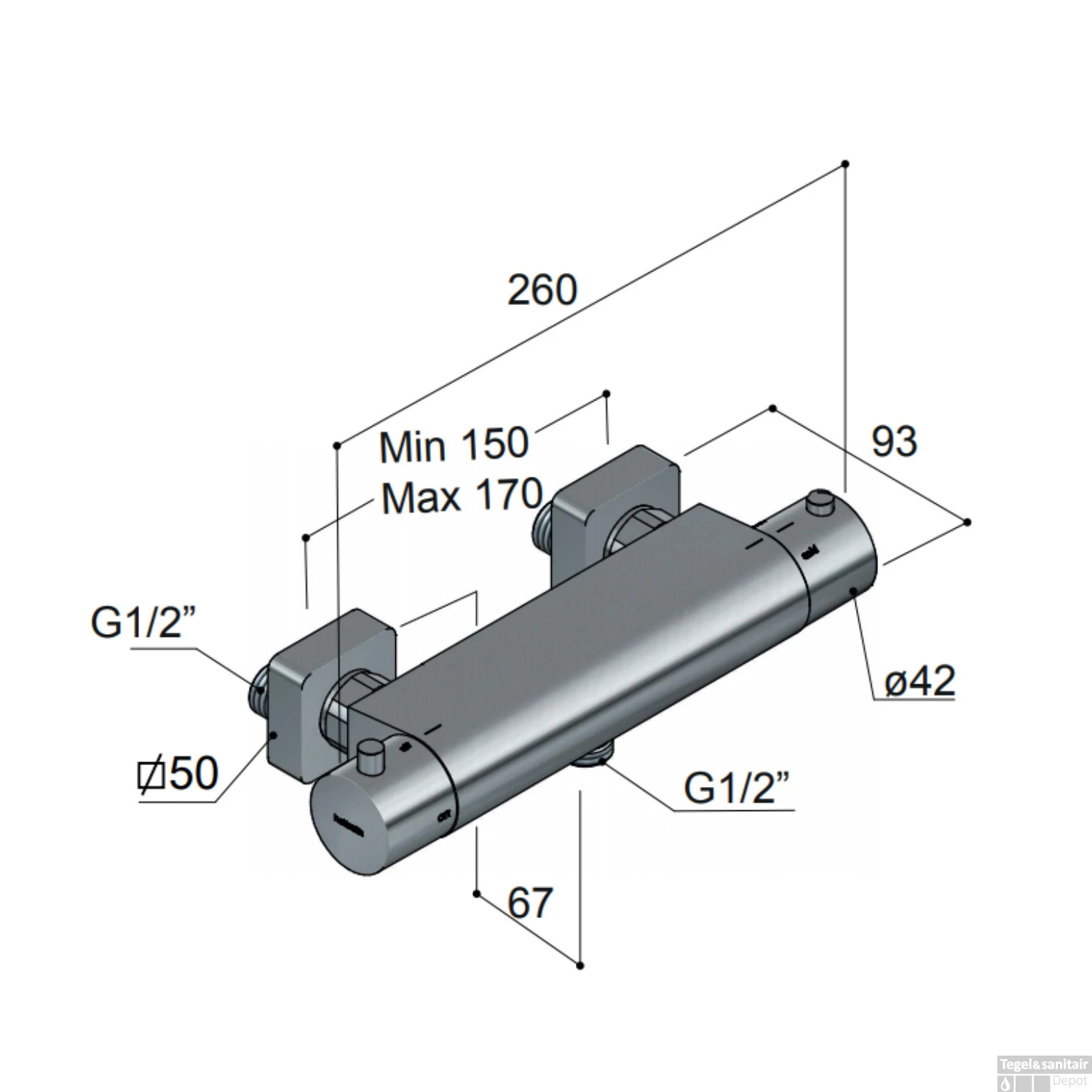 Douchekraan Hotbath Gal Opbouw Thermostaatkraan Geborsteld Gunmetal PVD - Afbeelding 3