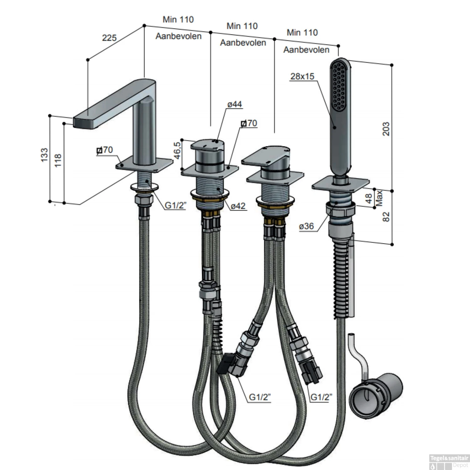 Badrandkraan Hotbath Gal Mengkraan Met 2-Weg Omstel Met Uitloop Geborsteld Gunmetal PVD - Afbeelding 2