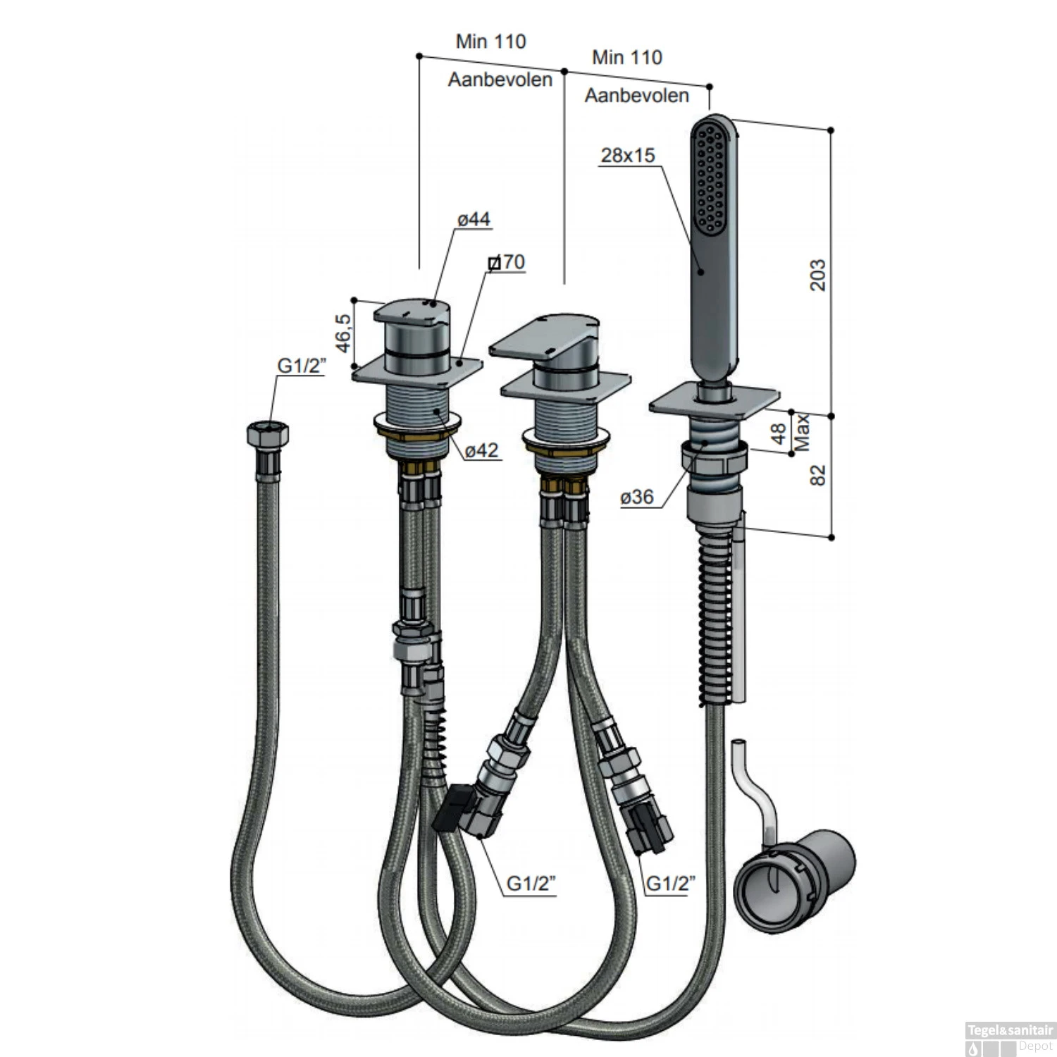Badrandkraan Hotbath Gal Mengkraan Met 2-Weg Omstel Zonder Uitloop Mat Zwart - Afbeelding 2
