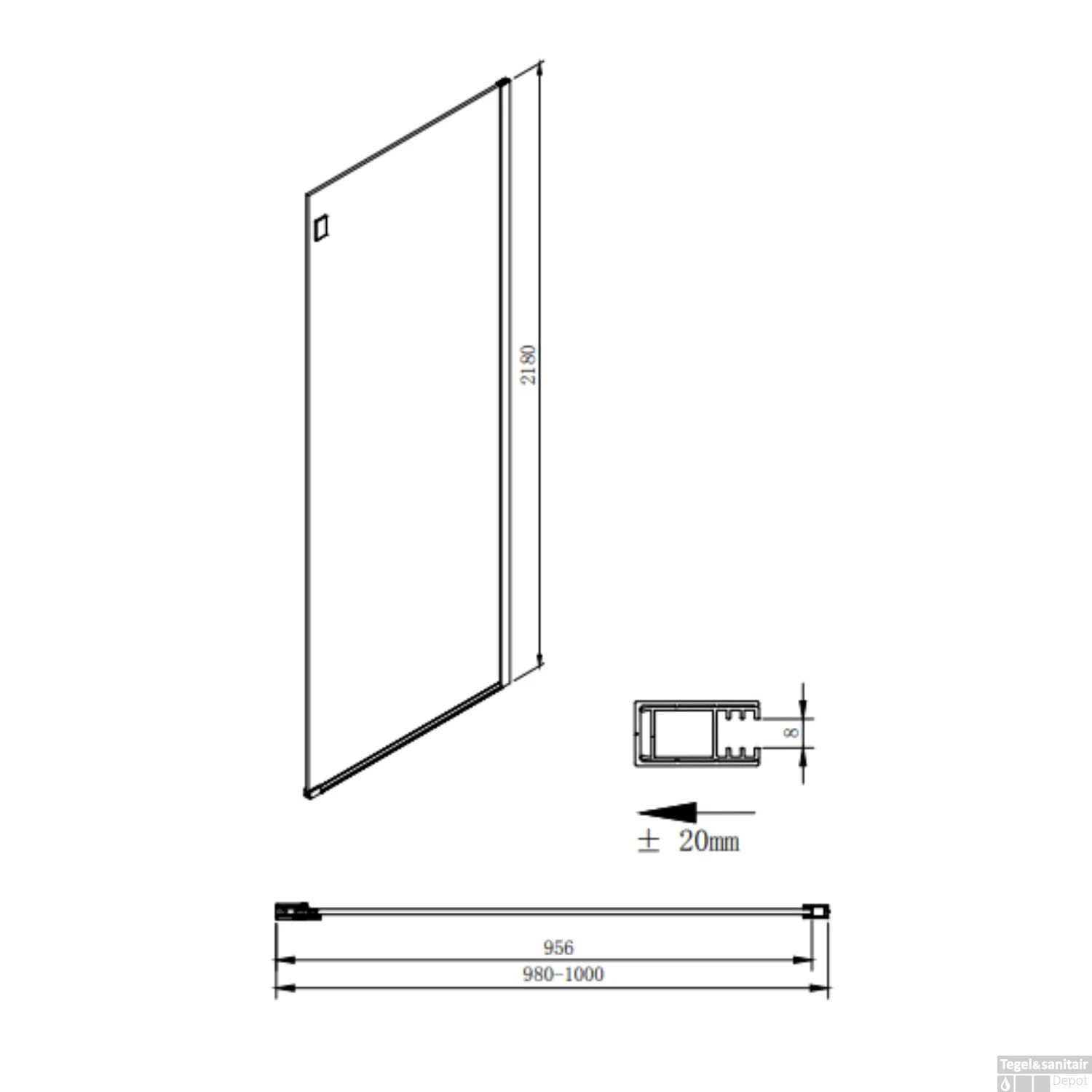 Zijwand Sapho Volcano 100x200 Cm 8 Mm Helder Glas Tbv Nisdeur Volcano Mat Zwart - Afbeelding 4